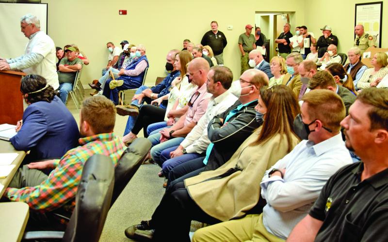 Opponents of a proposed Pilgrim’s Pride plant near Carnesville packed the Franklin County Justice Center Thursday to speak at a Planning Commission meeting. Members of the IBA (front row) also attended. (Photos by Scoggins)