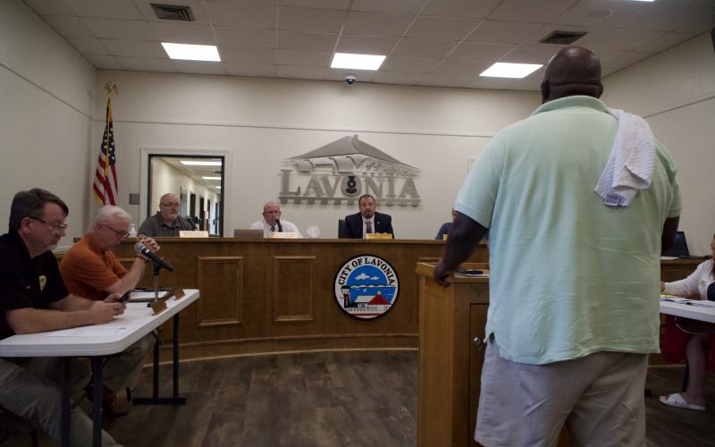 Mayor Courtney Umbehant, members of the Lavonia City Council and city officials responded Monday to questions and concerns about a permit denied by the Lavonia Police Department for a weekend block party and policing during the event. (Photo by Raese)