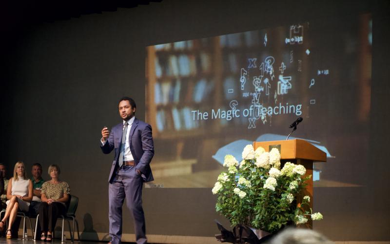 Georgia Teacher of the Year Michael Kobito spoke to Franklin County faculty and staff members during Monday’s Convocation. (Photo by Raese)