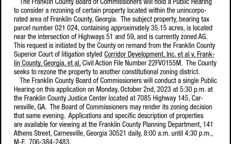 Franklin County commissioners will hold a public hearing Oct. 2 and plan to vote to rezone a piece of property near I-85 Exit 160 to fulfill a settlement agreement over a lawsuit over the property.