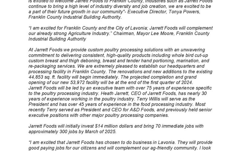A poultry processing company announced Thursday that it will locate a processing plant in Lavonia.