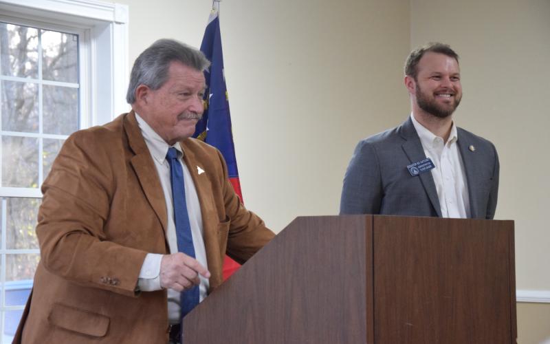 State Rep. Alan Powell (left) and State Sen. Bo Hatchett spoke Friday at the Franklin County Chamber of Commerce’s Policies and Pastries event.
