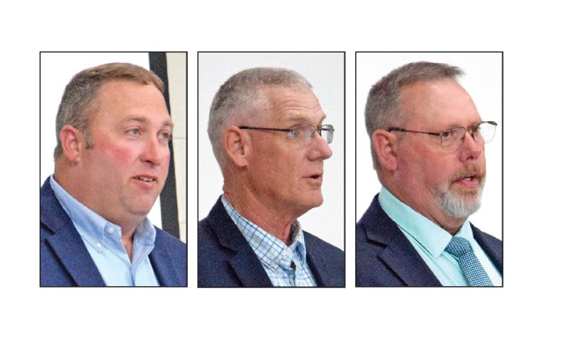 Franklin County Sheriff candidates (from left) Brian Stovall, Scott Andrews and Mitch Murphy spoke and answered questions March 23 at a Republican Party forum at Franklin County High School.