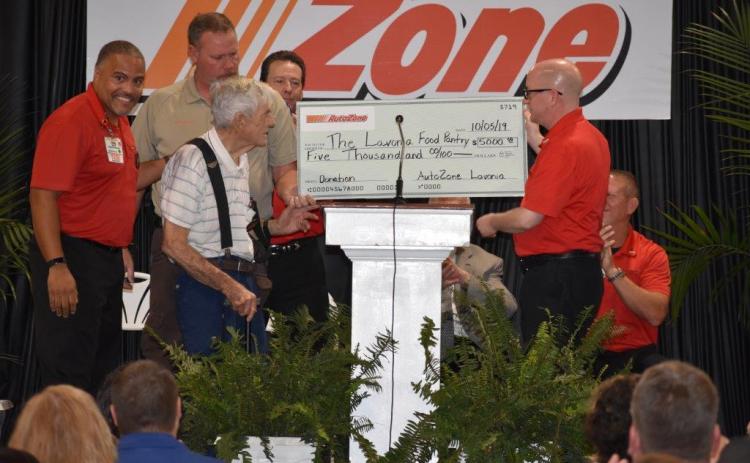 AutoZone in Lavonia recently donated $5,000 to the Lavonia Food Pantry. The pantry is a part of River of Life Restoration Ministries, which also organizes the Brighter Holidays fund.