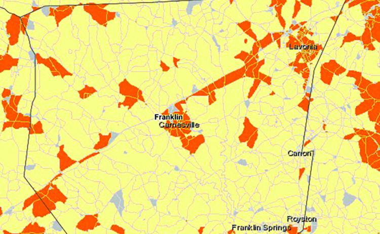 Most of Franklin County lacks access to broadband internet, a new map published by the state shows. Areas in yellow lack broadband access, while orange areas have access.