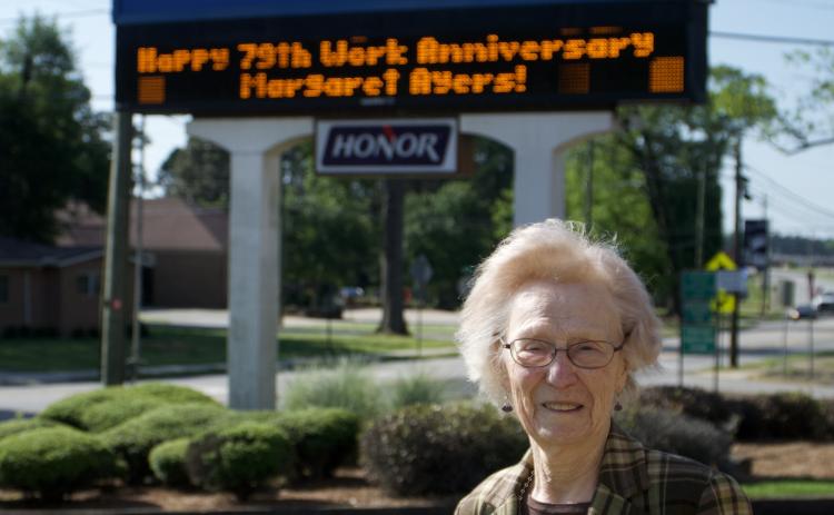 Northeast Georgia Bank celebrated the 79th work anniversary of Margaret Ayers May 10. The bank presented Ayers with a cake and posted a special message on its bank sign. (Photos by Raese)