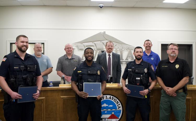 Three officers from the Lavonia Police Department were recognized Monday by the Lavonia City Council for their actions during a call April 29. 