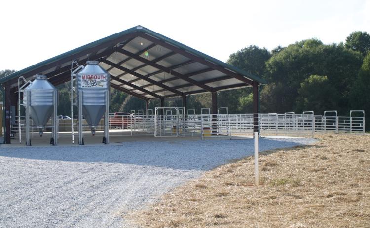 The large animal barn includes cattle pens with attached runs and a practice arena.